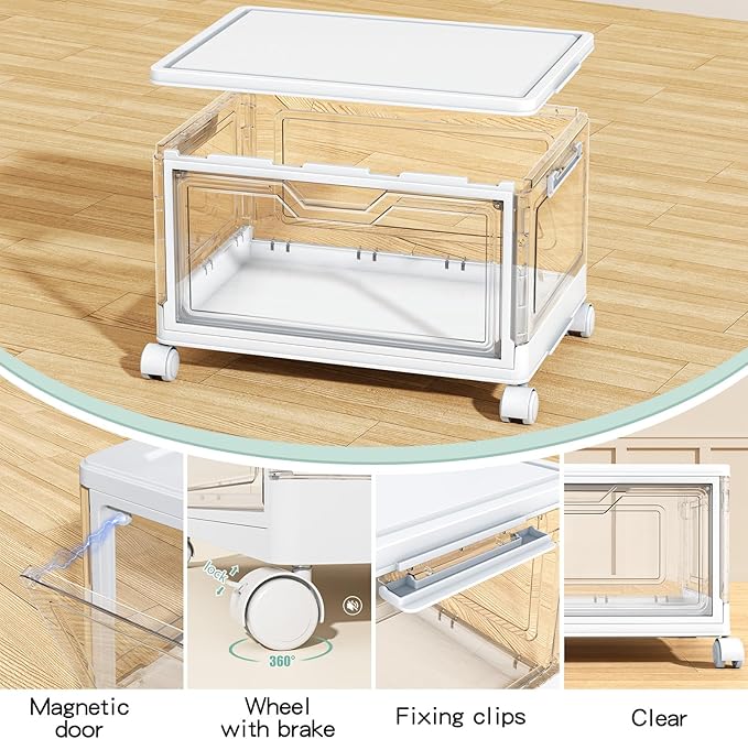 Kmiectse Clear Storage Bins with Lids,4 Tier Plastic Bins with Wheels,Stackable Storage Bin,Closet Organizers Box for Bedroom,Living Room,Toy,23 QT Folding Box with Magnetic door