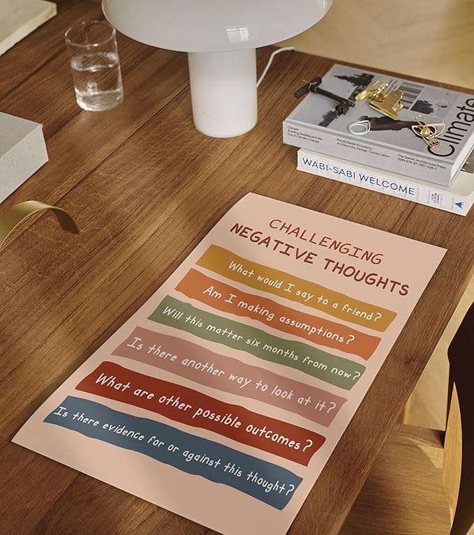LOLUIS Mental Health Poster, Boho Therapy Tools Educational Supplies Art Print Classroom School Office Decor (Challenging Negative Thoughts, Custom Frame Type)