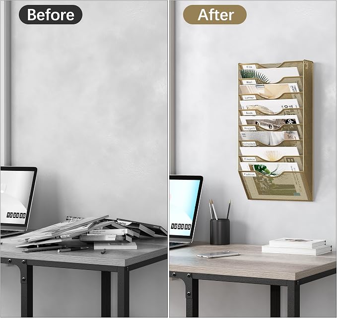 EasyPAG 8 Pocket Mesh Wall File Organizer, Hanging Paper Folder Holder with Classify Label, Vertical Wall Mount Mail Organizer for Office Home Classroom, Gold