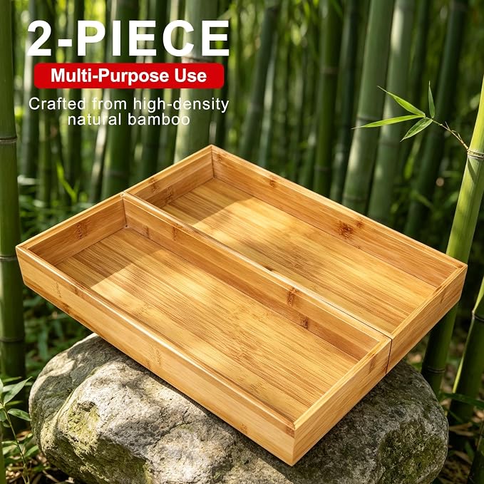 Bamboo Drawer Organizer Set of 2 for Kitchen Drawers, Large Stackable Drawer Organizer for Silverware, Utensils, Cutlery, Flatware, Junk Drawer, Dresser, Bathroom, 15" x 6" x 2"