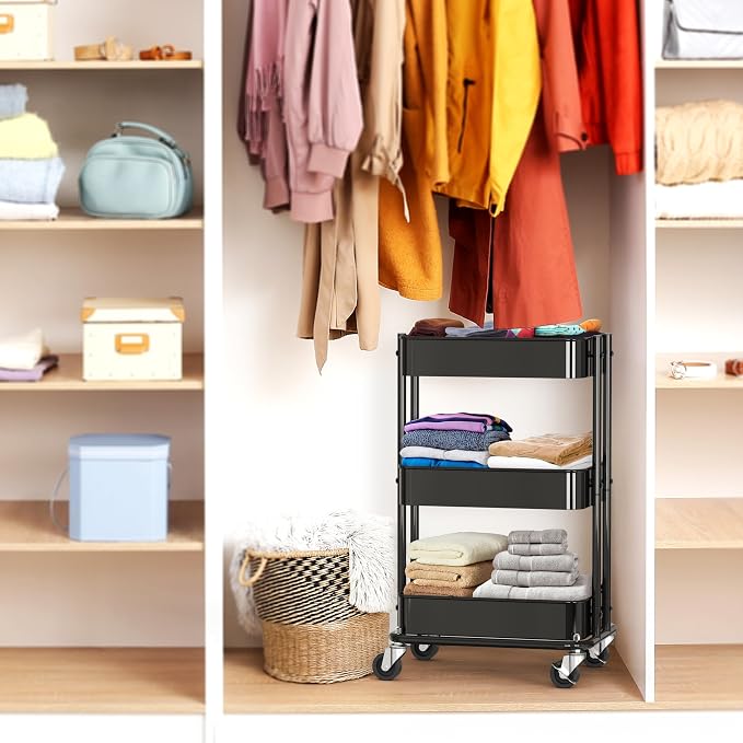 Simple Houseware 3-Tier Utility Cart, Low 24" Height Fits Under Desk, Black | Compact & Lower Height Great for Under-Desk Space-Saving Storage for Home Office, Dining Room, or Kitchen