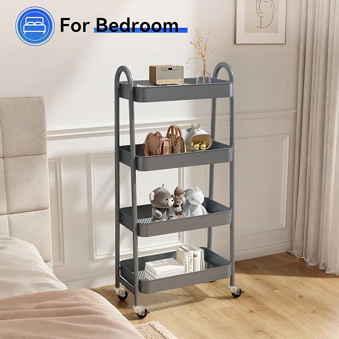 NEWBULIG 4-Tier Metal Rolling Storage Cart, Heavy Duty Mobile Utility Organizer Shelf with Lockable Wheels, Multifunctional Trolley for Daily Supplies, Home Indoor Daily Use, Grey