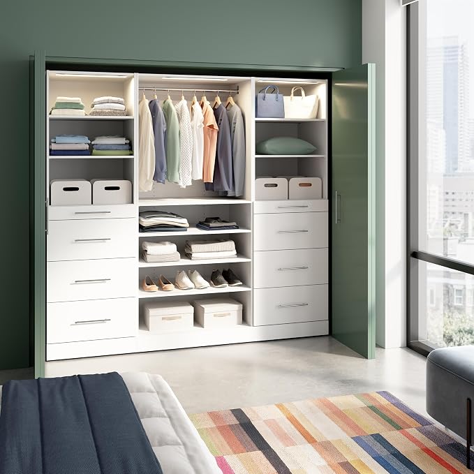 Bestar 85W x 25D Modular Closet Organizer System, Reach-in Closet or Walk-in with LED Lights, Shelves, and Drawers, Slab Style, Florence Collection, White