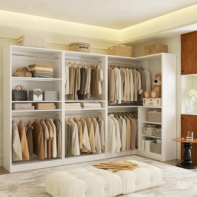 Unikito 108” Corner Closet System, 3-Piece L-Shaped Closet Organizer with 2 Closet Towers and 1 Corner Unit, Heavy Duty Wood Garment Rack with 6 Hanging Rods, Freestanding Walk-in Wardrobe, White