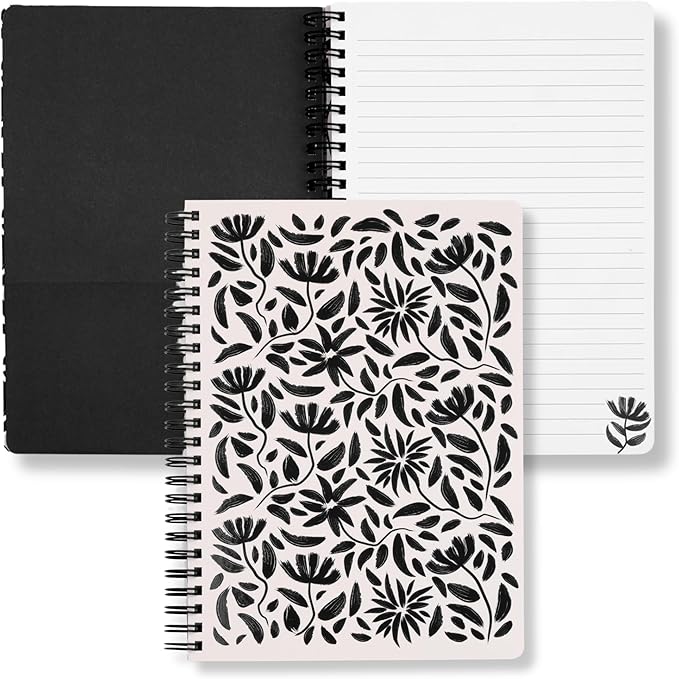 Steel Mill & Co Cute Mini Spiral Notebook, Small 8.25" x 6.25" Journal with Durable Hardcover and 160 Lined Pages for Journaling/Work/School, Hand Drawn Black Floral