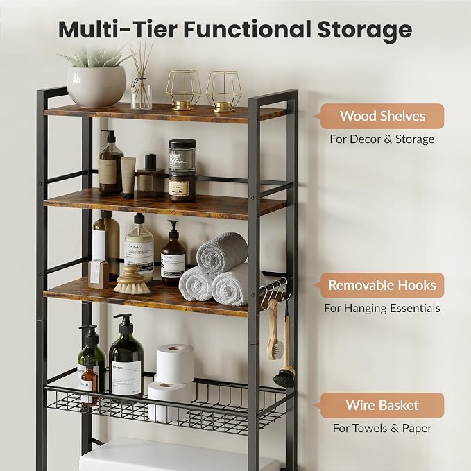 Over The Toilet Storage Shelf, 4-Tier Bathroom Organizer with Basket & Hooks, Sturdy Space Saver for Small Bathrooms, Rustic Brown & Black