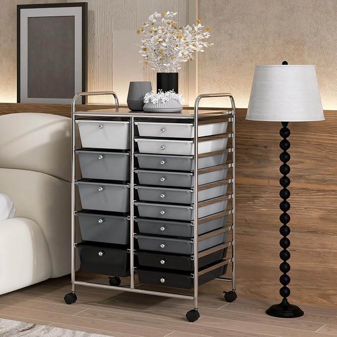 DREAMADE Rolling Cart with 15 Drawers, Rolling Drawer Organizer Cart w/Lockable Wheels, Removable & 2-Sized Storage Drawers, Art Cart for School Home Art Supplies Crafts File Scrapbook (Mixed-black)