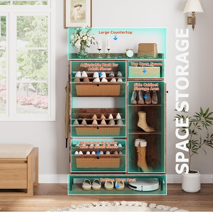 Garvee Shoe Cabinet with 3 Flip Drawers and 4-Tier Shoe Storage Cabinet, Freestanding Shoe Organizer with Adjustable Shelf and Rattan Doors for Entryway, Closet, Hallway