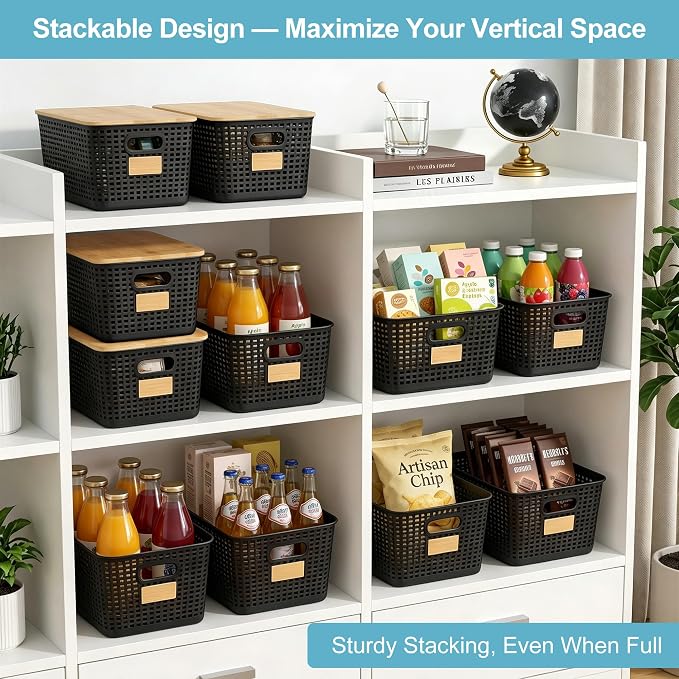 Bagnizer 2 Pack Tall Plastic Storage Bins with Bamboo Lids, 10.8qt Stackable Storages Baskets for Organizing Desktop Closet Playroom Classroom Office, 12"L x 8.3"W x 6.1"H, Black