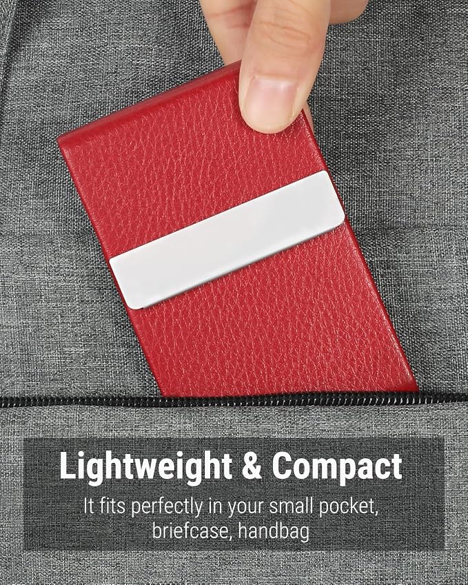 MaxGear Business Card Holder, PU Leather Business Card Case, Red | Stainless Steel Interior, Magnetic Closure, RFID Blocking, Holds 15–25 Standard Business Cards