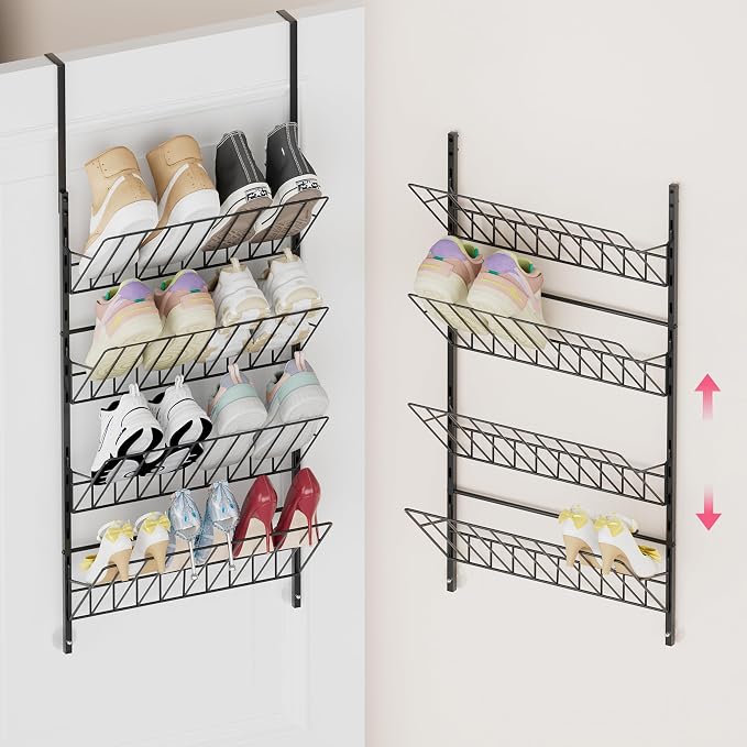 SWTYMIKI Over the Door Shoe Organizer - Adjustable 4 Tier Hanging Shoe Rack Organizer, Metal Heavy Duty Behind Door Storage or Wall Mount Shoes Shelf for Flats, Heels, Sneakers, Boots Black