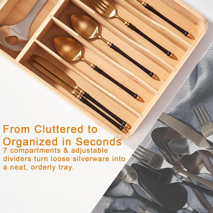 Silverware Drawer Organizer - Bamboo Tray for Cutlery, Flatware & Utensil Holder for Kitchen Drawers, Fixed 10.5" Width, 7 Storage Compartments, Non-Slip Feet, Rounded Corners, 100% Natural Plant
