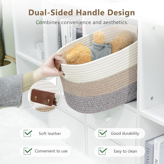 ECDYQXVU 15x10x9 Woven Cotton Rope Storage Basket, Leather Handles 1 Pack | Foldable Design, Sturdy PU Handles, Easy to Clean Organizer for Living Room, Closet, Shelves, Bedroom, Laundry, Clothes