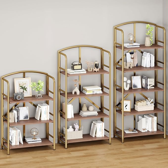 No Assembly,Gold Folding Bookshelf 5 Tiers, Vintage Storage Rack,Brown&Gold | Bookcase Vintage Multifunctional Plant Flower Stand, Storage Shelves Organizer for Home Office,Living Room,Dorm