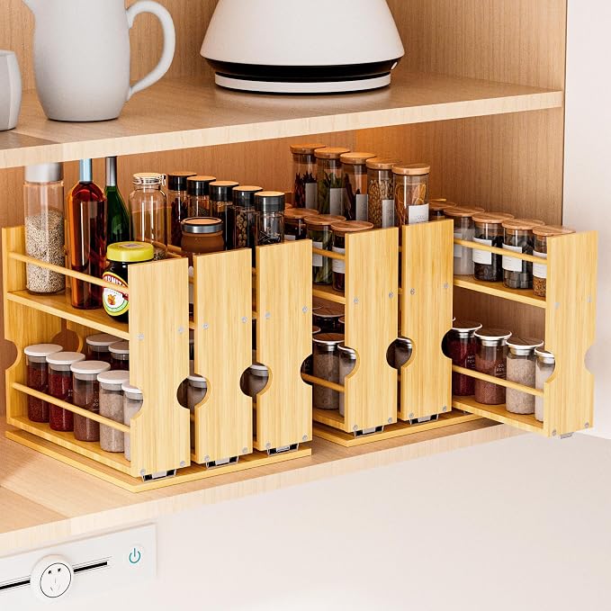 Jolitac Bamboo Pull Out Spice Rack for Cabinet, Slide Out Drawers | 2 Drawers (1.85" Wide), Space-Saving Vertical Organization, Easy to Install, 6" Wide, 2 Drawers, 2-Tier