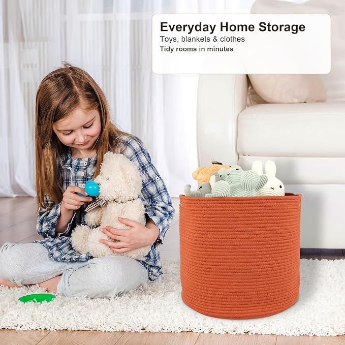 XUANGUO Cotton Rope Woven Basket, 16x14 in Kids Laundry Basket, rustic | Round blanket basket and small laundry basket; baby hamper or nursery storage bin for girls, boys, toys, clothes and shoes