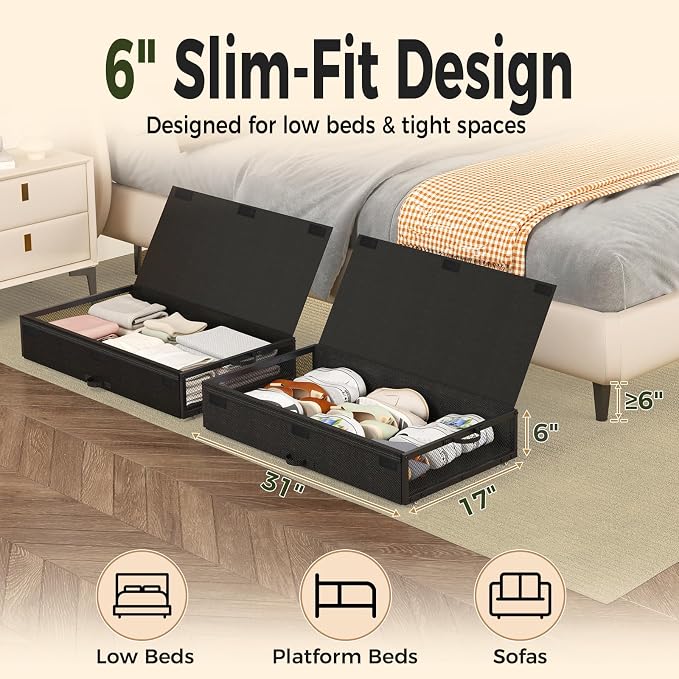 Fokyfok 2 Pack Under Bed Storage with Wheels 6 inch Height | Metal Frame,Lid,Rolling Slim Under Bed Drawers for Shoes,Clothes and Toys,Shallow Underbed Storage,Under Couch Storage,Black