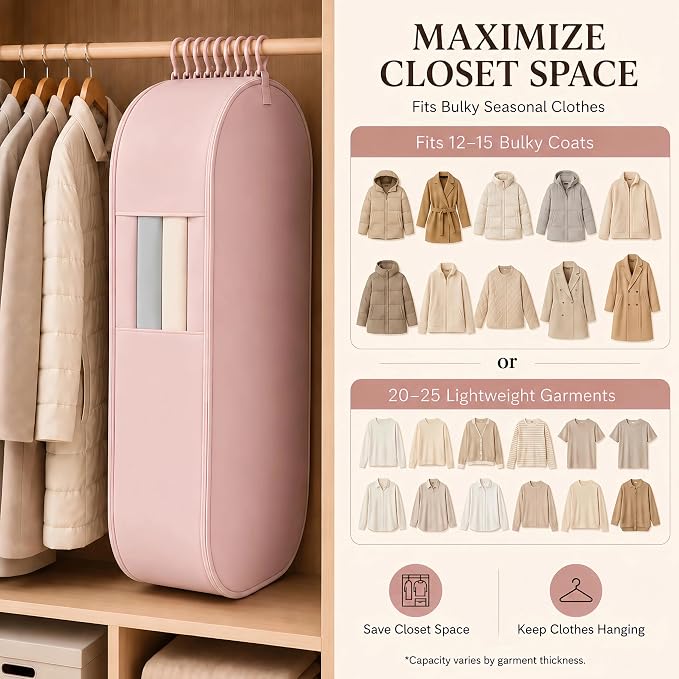 Space Saving Hanging Garment Bag, Compression Zipper for Coats & Jackets | Hanging storage keeps clothes visible and easy to find; holds 12-15 coats or 20-25 light garments; no pump needed.