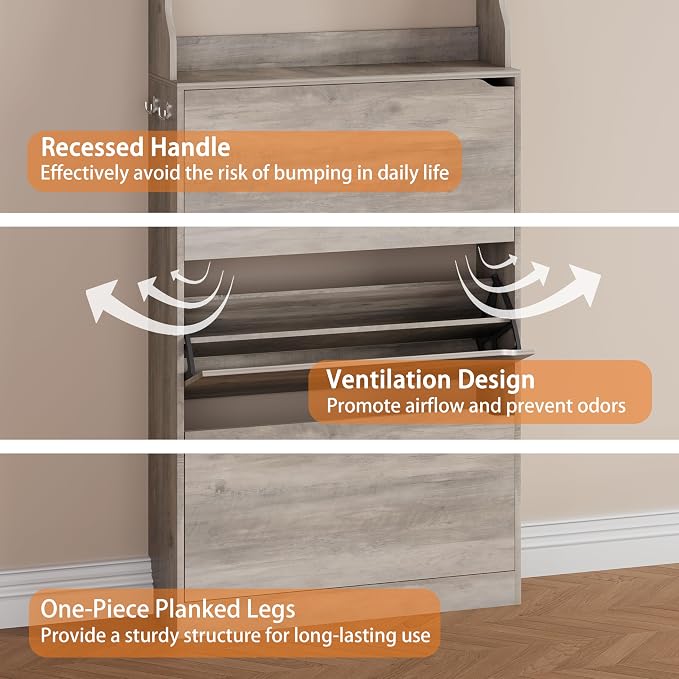 Shoe Storage Cabinet, Wood Shoe Organizer for Entryway with 3 Flip Drawers, Freestanding Shoe Rack with Adjustable Shelf, Narrow Shoe Dresser for Front Door Entrance (Grey, Tall 3 Drawers)