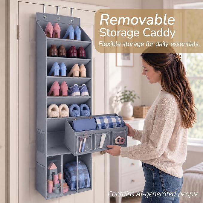 3in1 Over The Door Shoe Organizer with 5 Slanted Compartments,Removable Storage Bin & Transparent Pockets,Thickened Waterproof Oxford Fabric Shoes Rack for Shoes,Boots,Toys,Daily Essentials. (Grey)