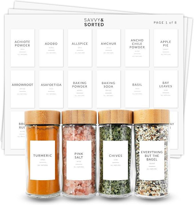 Minimalist Spice Labels for Glass Jars - 142 Spice Jar Labels Preprinted Waterproof, White Rectangle Herb Stickers, Seasoning Herb Containers Kitchen Pantry Organization