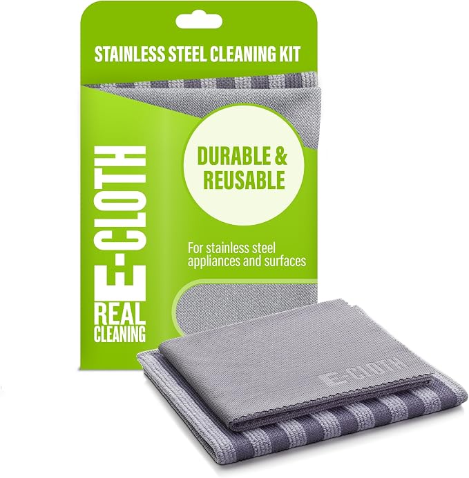 E-Cloth Stainless Steel Microfiber Cleaning Cloth Pack - Glass & Polishing + Stainless Steel Cleaner Cloth for Appliances, Cars & More, Reusable & Washable Microfiber Towels, Cleans with Water