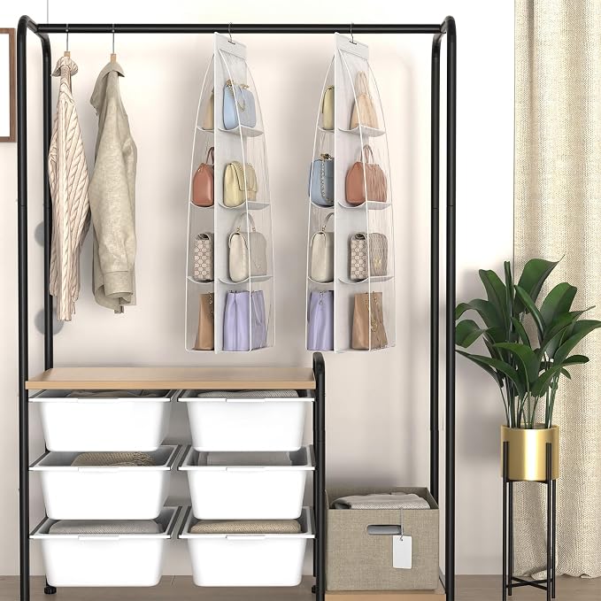 2 Packs 8 Pockets White Handbag Hanging Purse Organizer for Closet, Purse Storage, Purse Hanger and Handbag Organizer for Space Saving