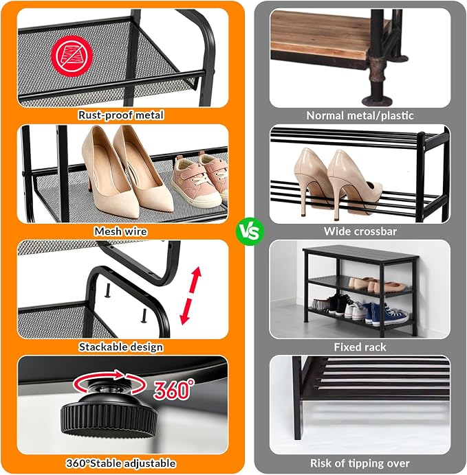 2 Tiers Metal Shoe Rack for Entryway Closet Hallway Bedroom Garage | Shoe Storage Organizer, Mesh Shoe Shelves, Freestanding, Stackable, Adjustable, Rustproof Black