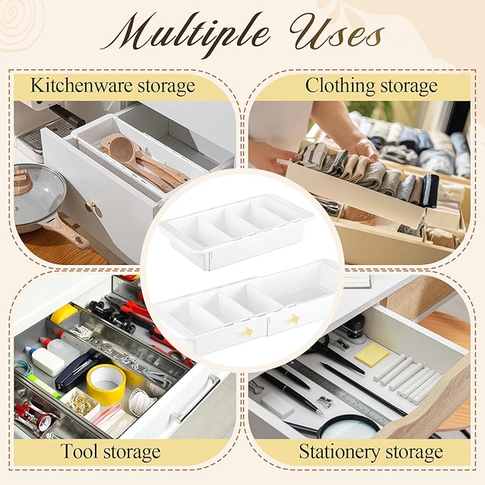 5 Pcs Expandable Drawer Organizer Bins Adjustable Deep Drawer Hanging Organizer Tray Expandable 11.4 to 18.1 Inches Plastic Dividers Storage for Office Bathroom Bedroom Kitchen Desk, White