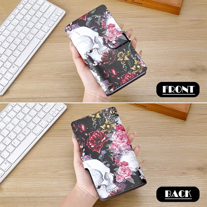 RFID Credit Card Holder, Leather Business Card Organizer with 96 Card Slots, Credit Card Case for Managing Your Different Cards and Important Documents to Prevent Loss or Damage (Skeleton Flower)