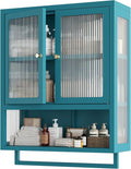 Bathroom Wall Cabinet with 2 Glass Door, Bathroom Medicine Cabinet with Towels Bar and Shelves, Over The Toilet Storage Cabinet, Metal Wall Mounted Cabinet for Kitchen (Blue)
