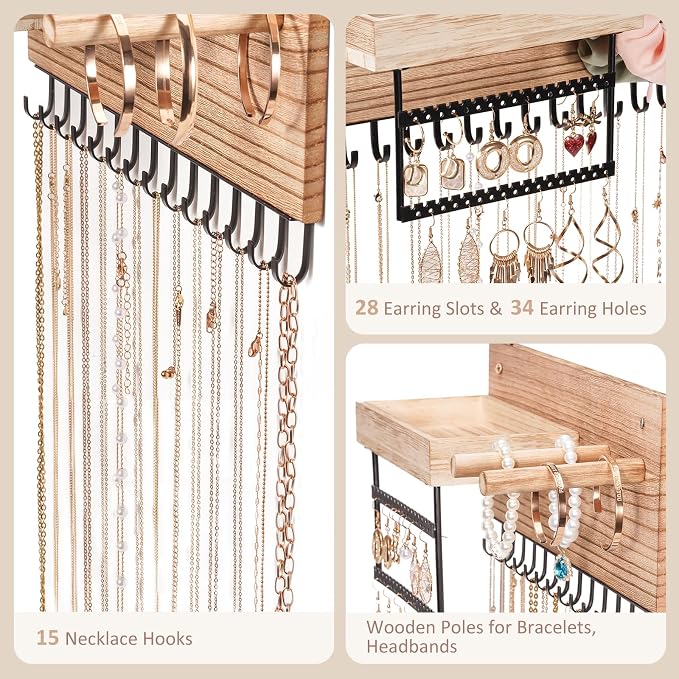 Lolalet Wall Mounted Hanging Jewelry Organizer, 15 Hooks Wooden Necklaces Holder with Storage Shelf, Easy Install Earrings Bracelets Hanger -Light Brown