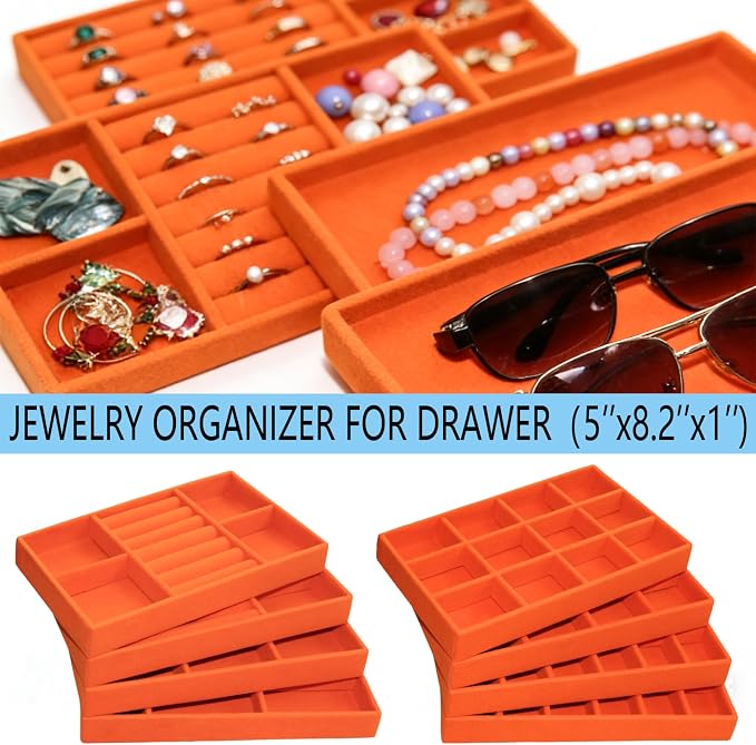 Jewelry Organizer Tray Set of 8, Stackable Velvet Jewelry Trays with Removable Dividers, Drawer Inserts Earring Organizer for Women, Jewelry Storage Display Case for Rings Necklaces Bracelets, Orange