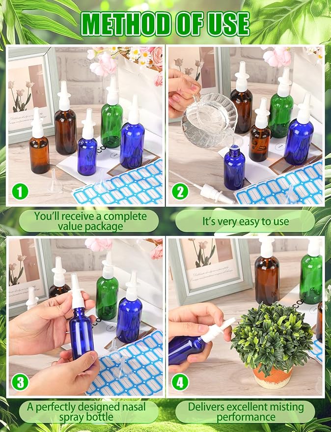 8 Pcs Nasal Spray Bottle, 50ML/1.76OZ 4Pcs Glass Empty Blue Nose Nasal Spray Bottles Refillable with 2 Funnels and 2 Labels