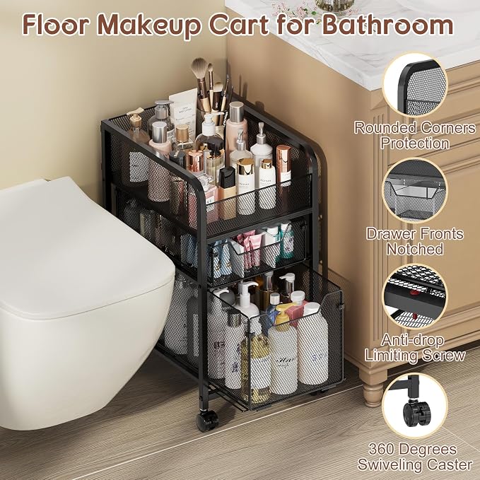 Hongtamoya Rolling Makeup Cart Organizer with 2 Drawers, Narrow Floor Skincare Organizers, Vanity Organizer Cosmetics Display Cases Holder for Skin Care Nail Polish Perfume Makeup Brush, Black