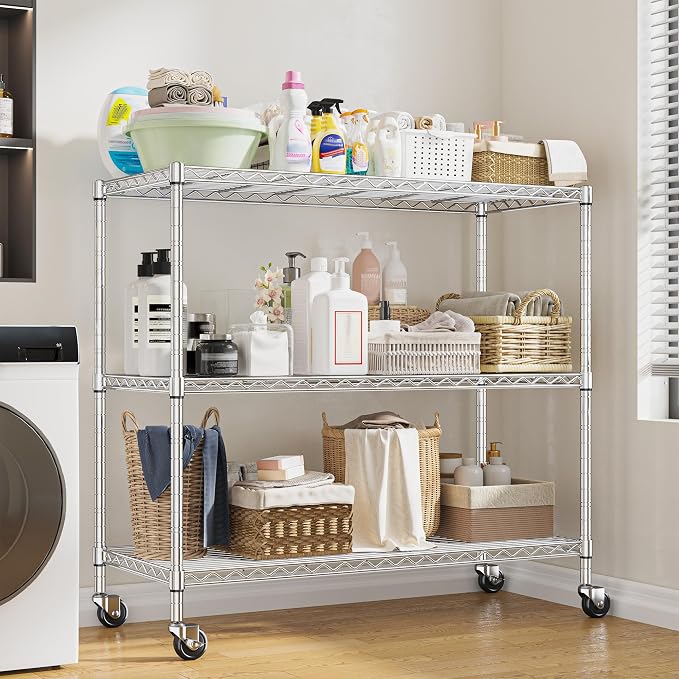 DurayLoly 45" W 3-Tier Metal Shelf on Wheels,450lbs,Kitchen, Laundry,Garage | 19mm chrome steel, 150 lbs/shelf, lock casters or switch to leveling feet, tool-free setup, fits pantry & bedroom