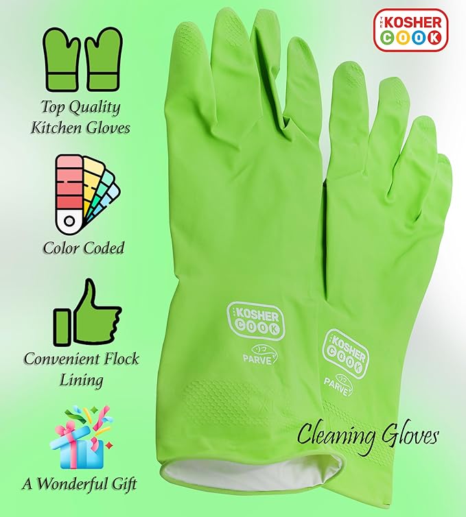 The Kosher Cook Parve Green Nitrile Cleaning Gloves- Comfortable Flock Lining and Top Durability for Dishwashing and Household – X-Large – Color Coded Home and Kitchen Accessories