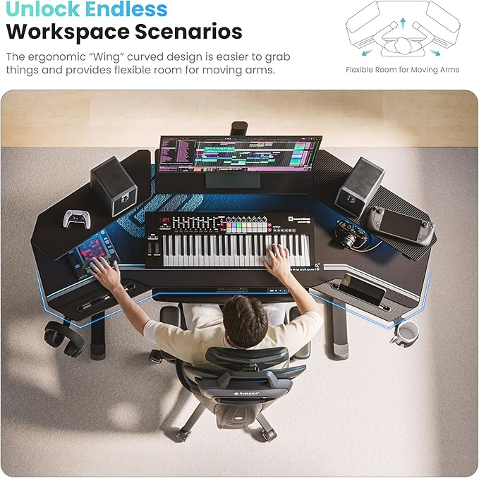 EUREKA ERGONOMIC Gaming Desk, Standing Desk w Keyboard Tray, 72" Wing Shaped Music Studio Table with LED Shelves, Gaming Recording Live Stream, Slot Design