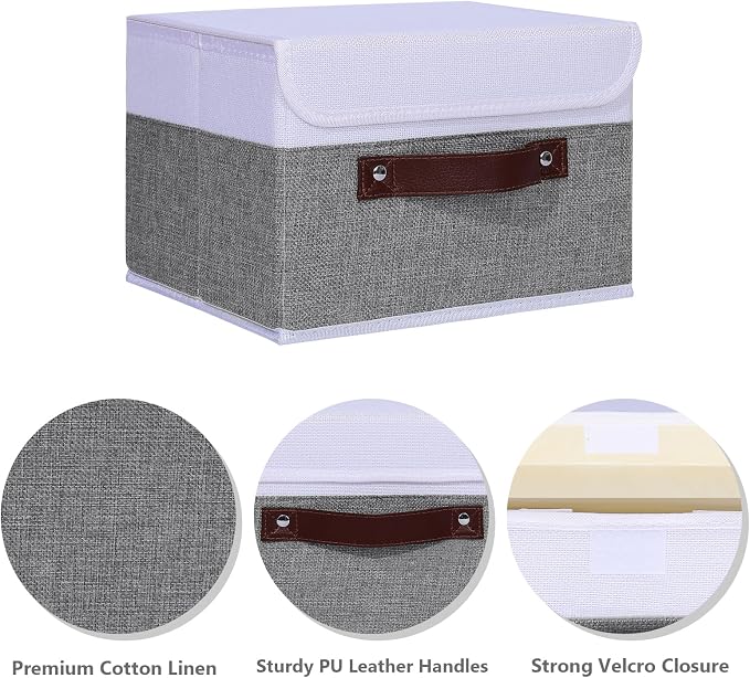 ANMINY 2PCS Storage Boxes with Lids Washable Decorative Storage Bins Basket with PU Leather Handle Foldable Linen Fabric Storage Cubes Containers for Home Closet Organizer - Gray White, Medium