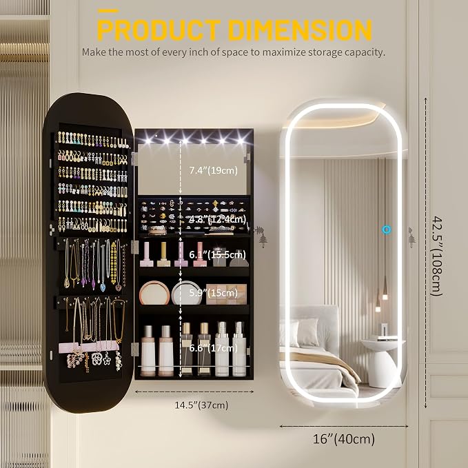 LVSOMT LED Mirror Jewelry Cabinet, Wall/Door Jewelry Organizer, 16" W Black | Lockable Jewelry Armoire with Full Length Mirror, 65 Ring and 108 Earring Slots, Foldable Shelf, Rounded Corner