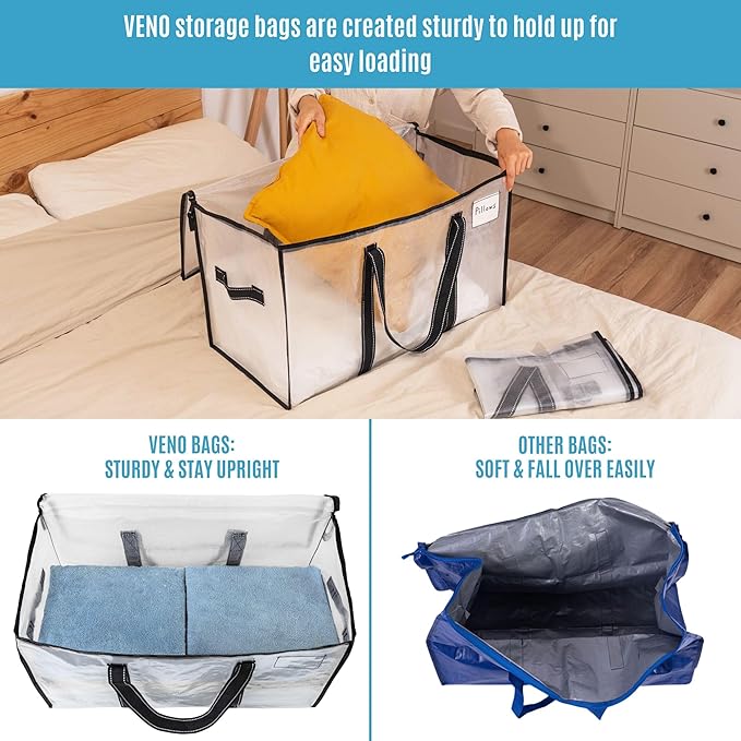 VENO 6 Pack Clear Moving Bags, 90L Extra Large Transparent Storage Totes, Heavy Duty 50lbs Load, Reinforced Handles, Zippers & Tag, See-Through Packing Boxes for Organizing Closet, Bedding, Clothes