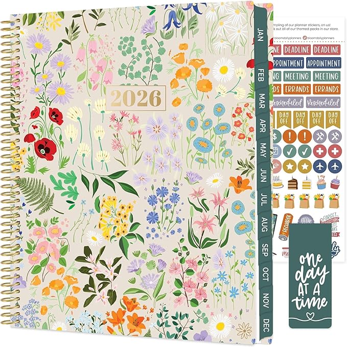 bloom daily planners 2026 Planner (January to December) - 8.5” x 11” Weekly & Monthly Dated Agenda Organizer Book with Stickers & Tabs - Flexible Soft Cover - Garden Party, Beige