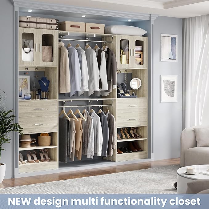 5FT Closet System with Doors and Wooden Drawers, 60'' Reversible Closet Organizer System with Big Wing Shelf and Hanging Rod, 80'' Tall Walk in Wardrobe Closet System with Shelves & Hooks, White Oak