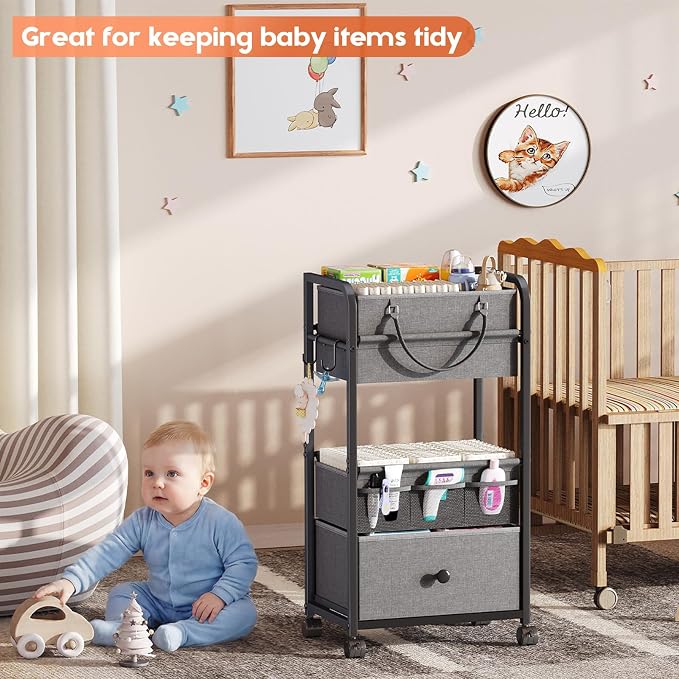 Cidaziya 3In1 Baby Diaper Caddy Organizer, 3 Tier Rolling Cart with Drawer, Detachable Dividers, Mobile Utility Cart Baby Dresser Clothes Organizer for Crib, Bedroom, Art & Craft Storage, Grey