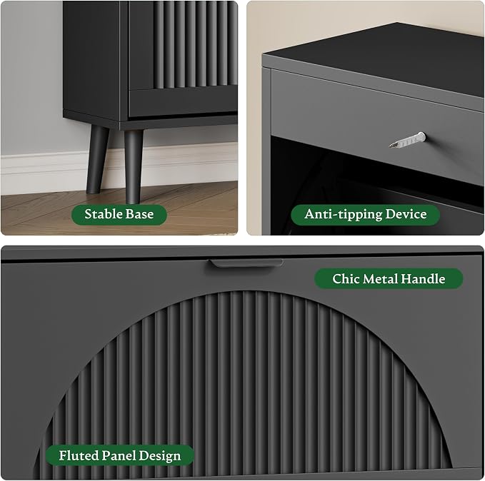 Xixini Shoe Storage Cabinet with 6 Flip Drawers, 50" Tall Narrow Wood Fluted Shoe Organizer for Entryway, Freestanding Wooden Hidden Slim Shoe Rack for Front Door Entrance, Hallway, Foyer, Solid Black