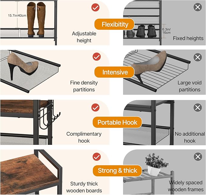 3 Tier Shoe Rack, Shoe Rack for Entryway with Hook, Shoe Organizer with Adjustable Mesh Shelves, Metal Shoe Storage, Closet, Bedroom Living Room Garage