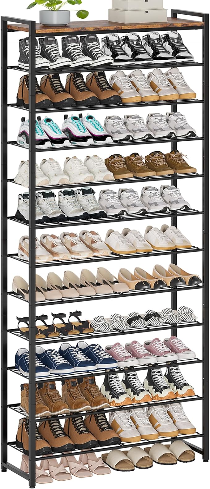 12 Tier Shoe Rack Organizer for 48-60 Pairs, Tall Metal Shoe Storage Shelf with Wood Top, Adjustable Boot Space, Narrow Design for Entryway Closet, Rustic Brown and Black