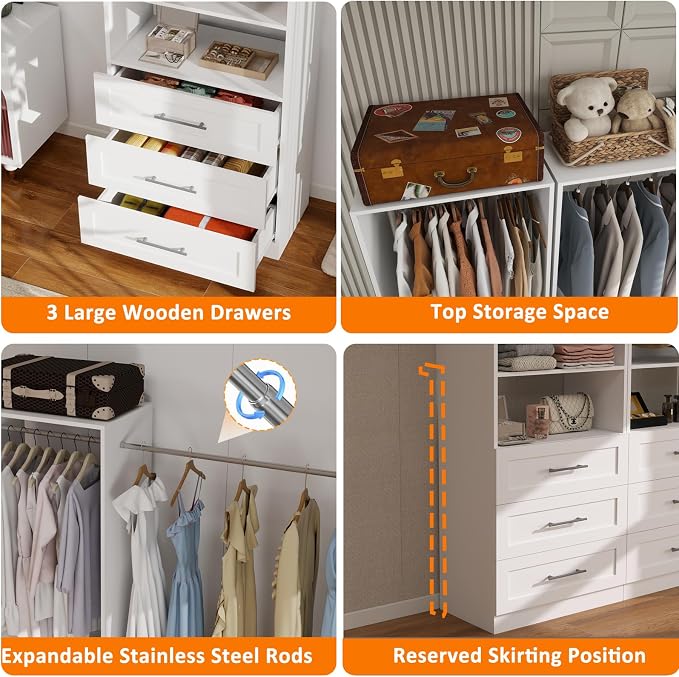 Closet Organizer System with 3 Drawers, Walk In Closet for Closet System, Modular Closet System for Small Spaces with Adjustable Hanging Rods,for Bedroom, Dorm rooms or Apartment Living(2FT)