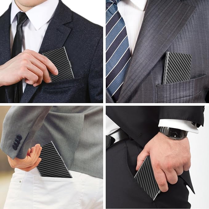 MaxGear Stainless Steel Business Card Holder, Slim Card Case, Black Carbon | Soft Interior Lining, Buckle Closure, Fits Standard Business Cards and Credit Cards