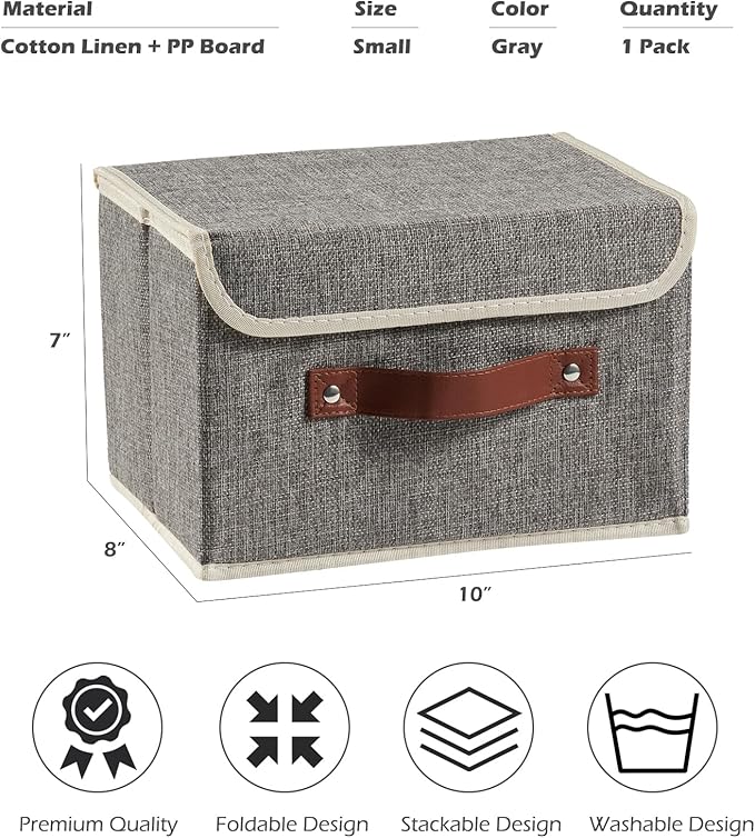 Storage Boxes with Lid Cotton Linen Fabric Storage Bins Organizer Container Decorative Collapsible Washable Shelf Baskets Faux Leather Handles for Home Bedroom Closet (Gray, Small Size)